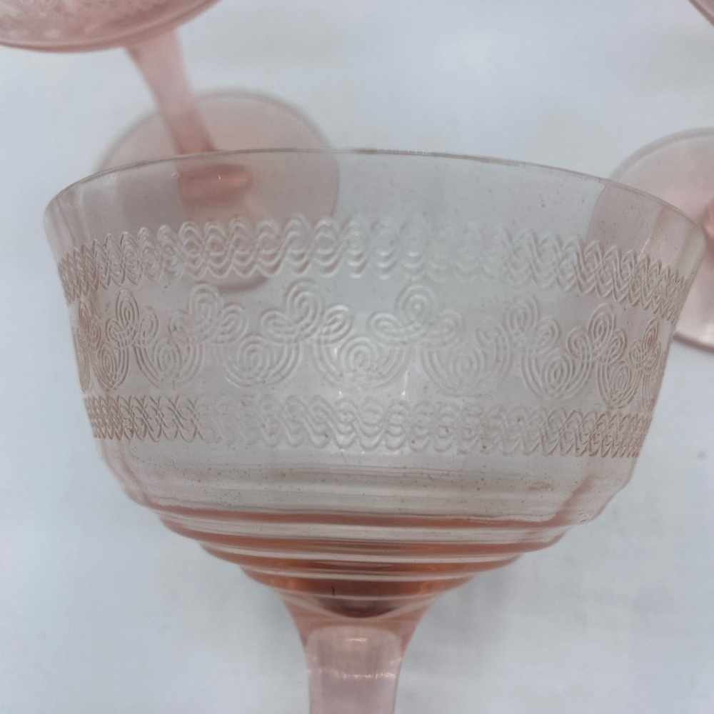 Pink Depression Paneled Champagne Sherbet Glasses Vintage Etched 4.75” Set Of 5 - Picture 2 of 5